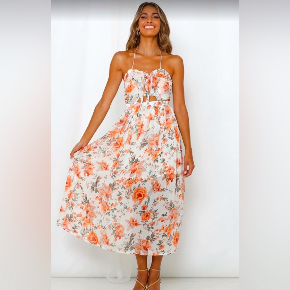 Hello Molly maxi wedding guest dress medium small orange floral